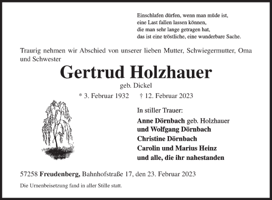 Traueranzeige von Gertrud Holzhauer von Siegener Zeitung