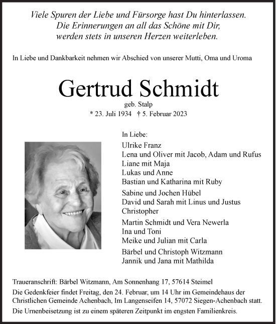 Traueranzeige von Gertrud Schmidt von Siegener Zeitung