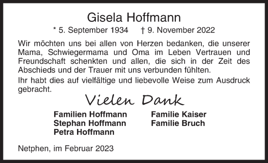 Traueranzeige von Gisela Hoffmann von Siegener Zeitung
