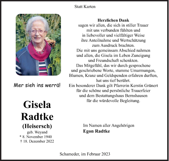 Traueranzeige von Gisela Radtke von Siegener Zeitung