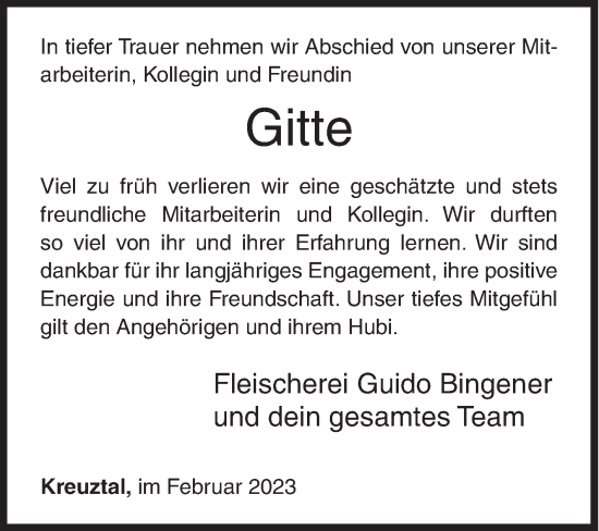 Traueranzeige von Gitte  von Siegener Zeitung