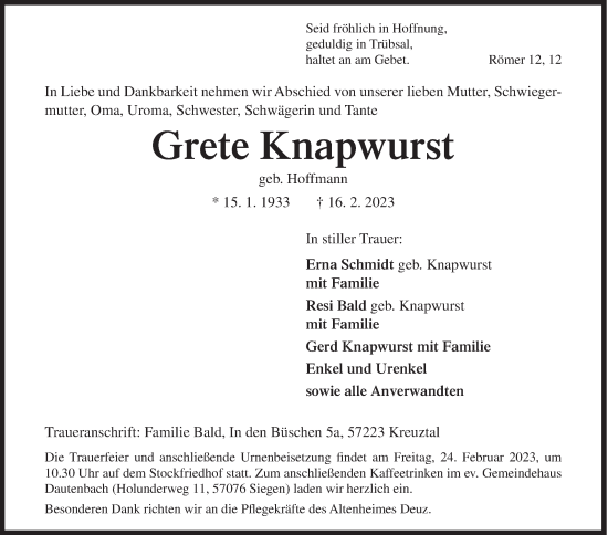 Traueranzeige von Grete Knapwurst von Siegener Zeitung