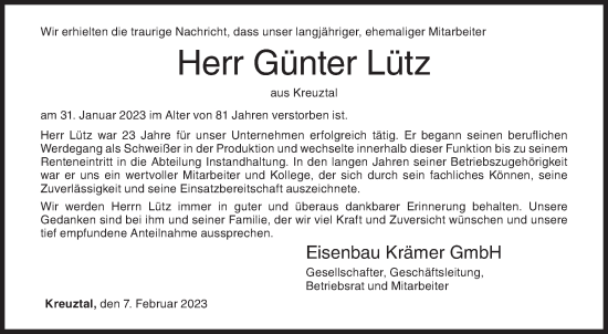 Traueranzeige von Günter Lütz von Siegener Zeitung