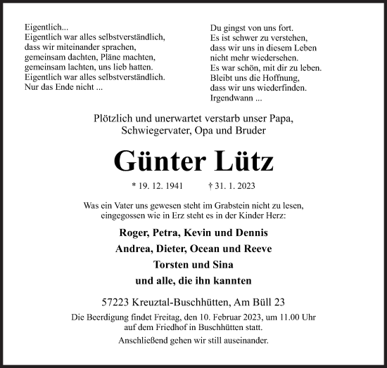 Traueranzeige von Günter Lütz von Siegener Zeitung