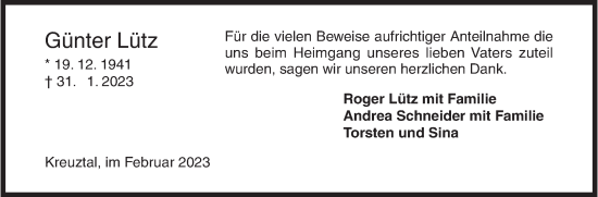Traueranzeige von Günter Lütz von Siegener Zeitung
