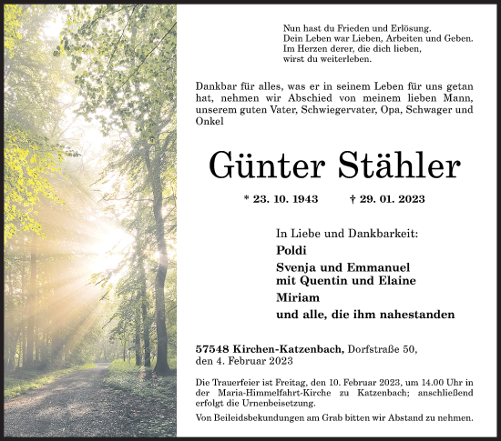 Traueranzeige von Günter Stähler von Siegener Zeitung