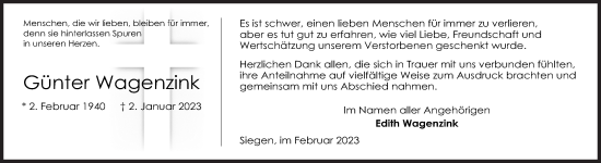 Traueranzeige von Günter Wagenzink von Siegener Zeitung