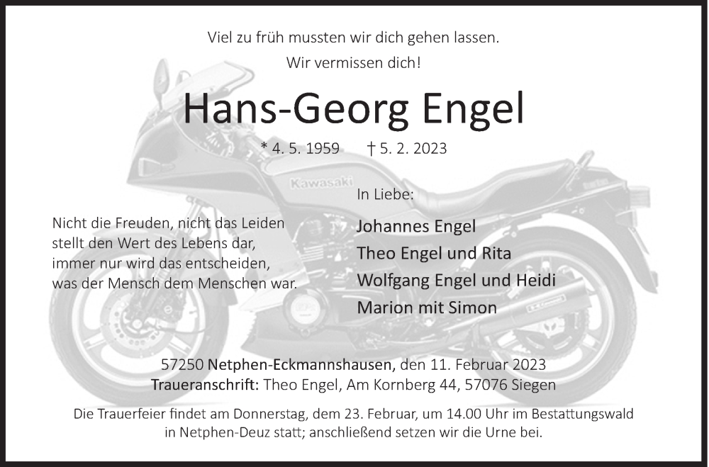  Traueranzeige für Hans-Georg Engel vom 11.02.2023 aus Siegener Zeitung