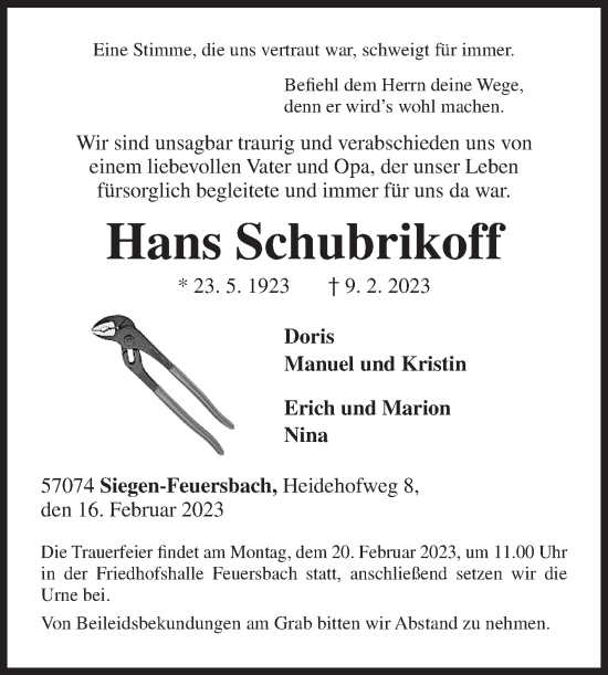 Traueranzeige von Hans Schubrikoff von Siegener Zeitung