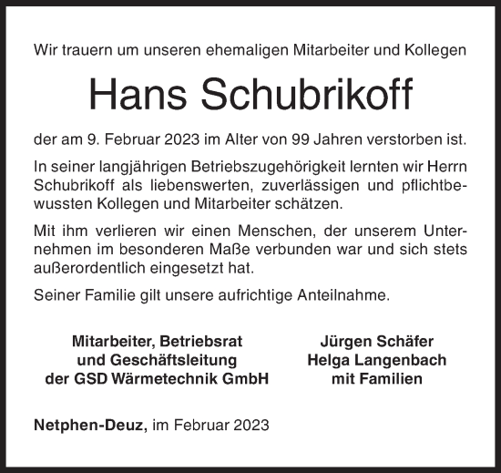 Traueranzeige von Hans Schubrikoff von Siegener Zeitung
