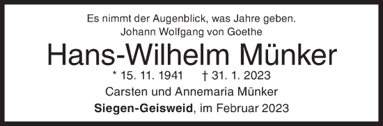 Traueranzeige von Hans-Wilhelm Münker von Siegener Zeitung