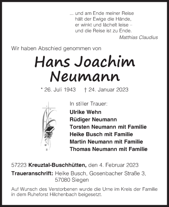 Traueranzeige von Hans Joachim Neumann von Siegener Zeitung