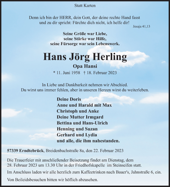 Traueranzeige von Hans Jörg Herling von Siegener Zeitung