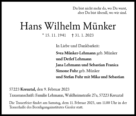 Traueranzeige von Hans Wilhelm Münker von Siegener Zeitung