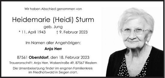 Traueranzeige von Heidemarie Sturm von Siegener Zeitung