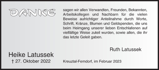 Traueranzeige von Heike Latussek von Siegener Zeitung
