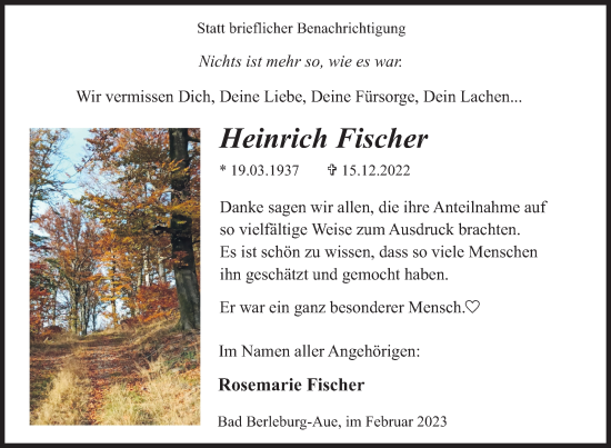 Traueranzeige von Heinrich Fischer von Siegener Zeitung