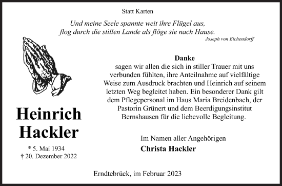 Traueranzeige von Heinrich Hackler von Siegener Zeitung