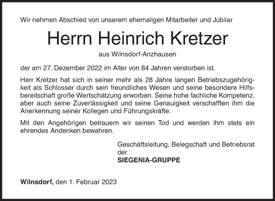 Traueranzeige von Heinrich Kretzer von Siegener Zeitung