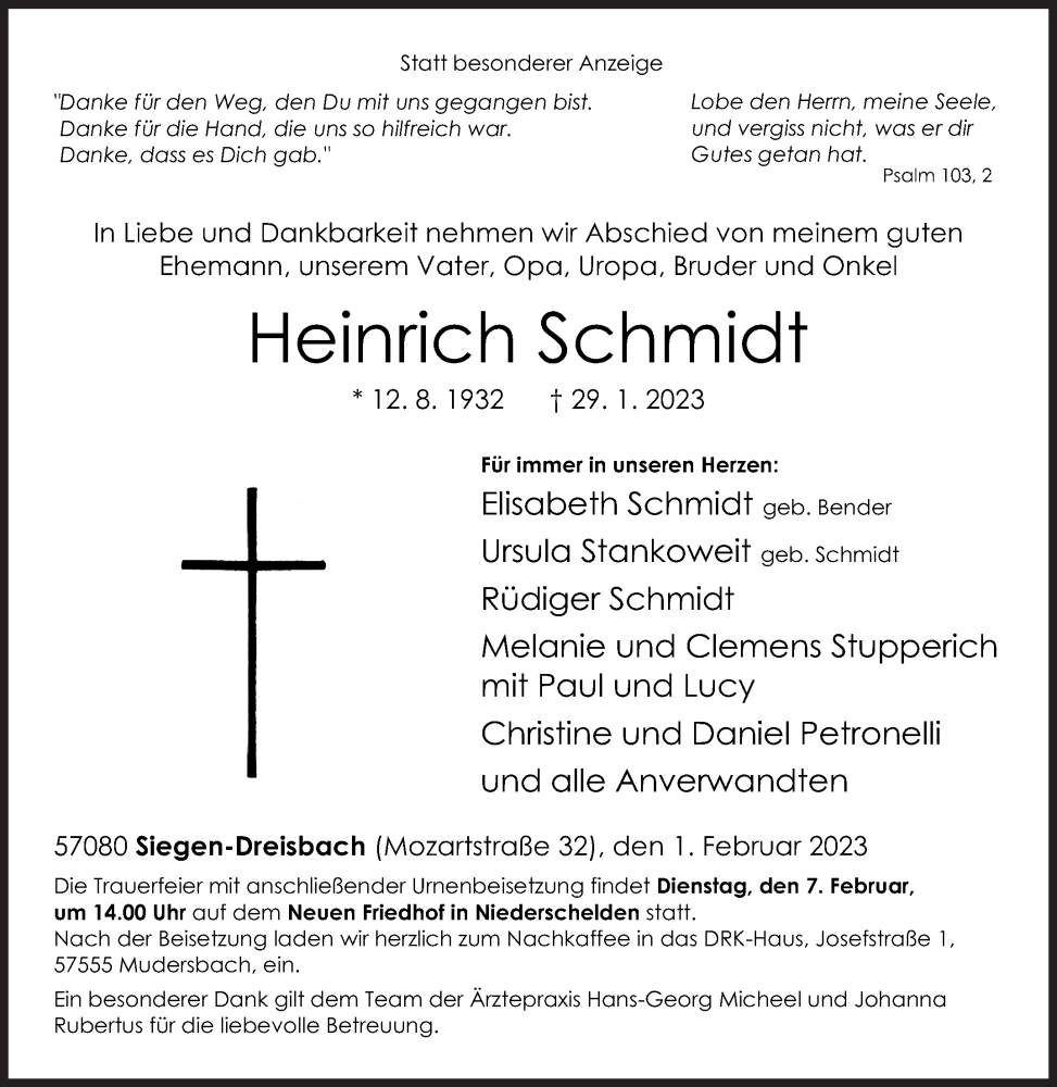  Traueranzeige für Heinrich Schmidt vom 01.02.2023 aus Siegener Zeitung