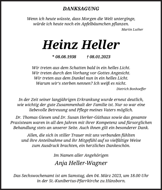 Traueranzeige von Heinz Heller von Siegener Zeitung