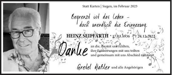 Traueranzeige von Heinz Seiffarth von Siegener Zeitung