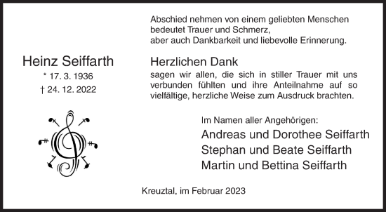 Traueranzeige von Heinz Seiffarth von Siegener Zeitung