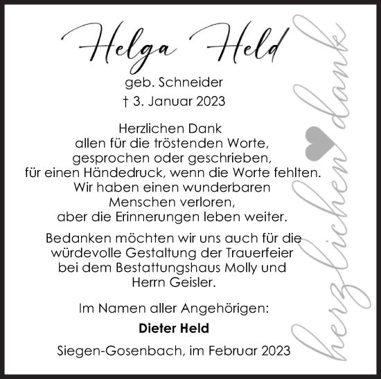 Traueranzeige von Helga Held von Siegener Zeitung