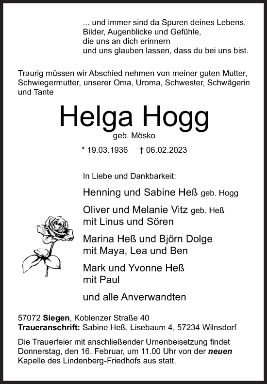 Traueranzeige von Helga Hogg von Siegener Zeitung
