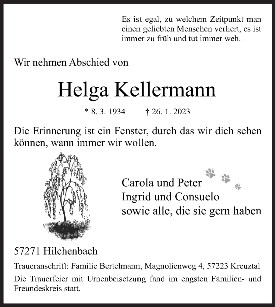 Traueranzeige von Helga Kellermann von Siegener Zeitung