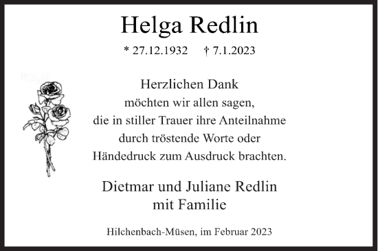 Traueranzeige von Helga Redlin von Siegener Zeitung