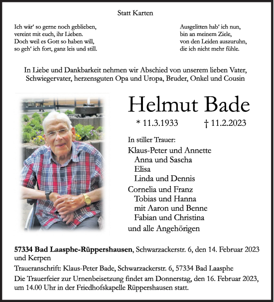Traueranzeige von Helmut Bade von Siegener Zeitung