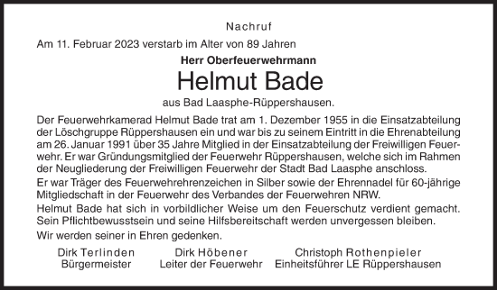 Traueranzeige von Helmut Bade von Siegener Zeitung