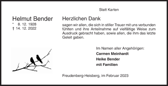 Traueranzeige von Helmut Bender von Siegener Zeitung