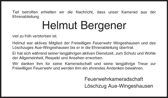 Traueranzeige von Helmut Bergener von Siegener Zeitung