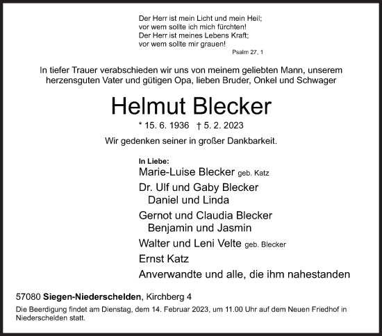 Traueranzeige von Helmut Blecker von Siegener Zeitung