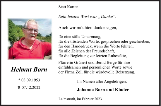 Traueranzeige von Helmut Born von Siegener Zeitung