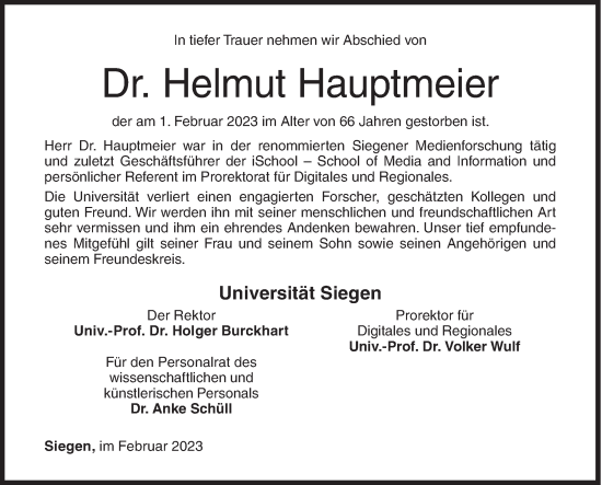Traueranzeige von Helmut Hauptmeier von Siegener Zeitung