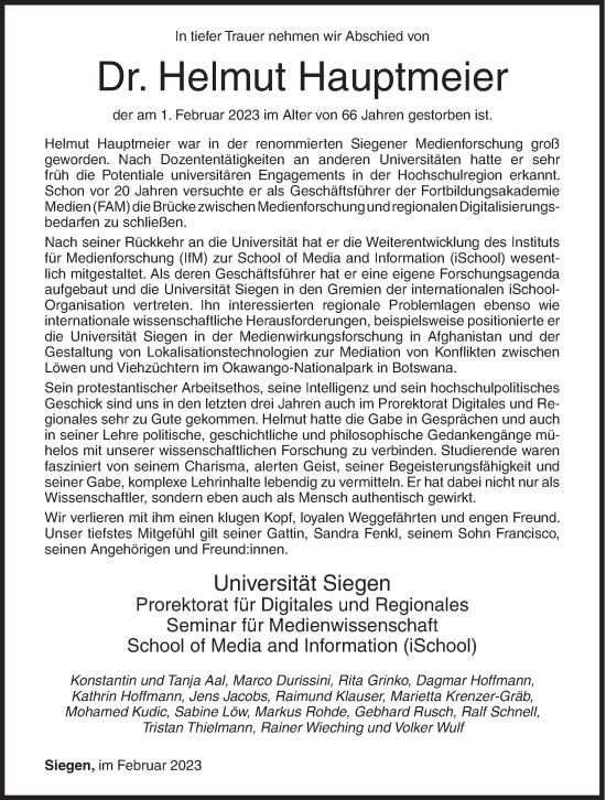 Traueranzeige von Helmut Hauptmeier von Siegener Zeitung