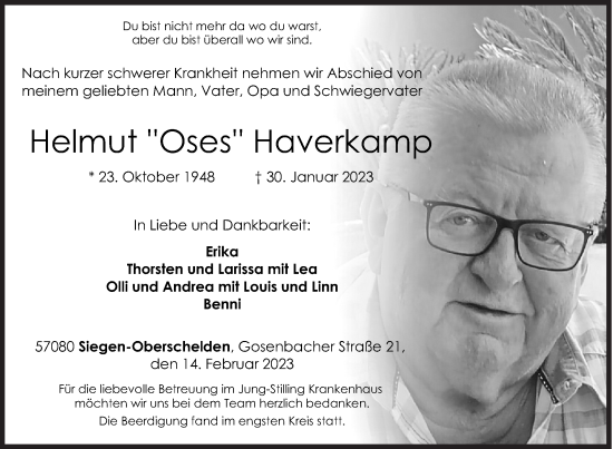 Traueranzeige von Helmut Haverkamp von Siegener Zeitung