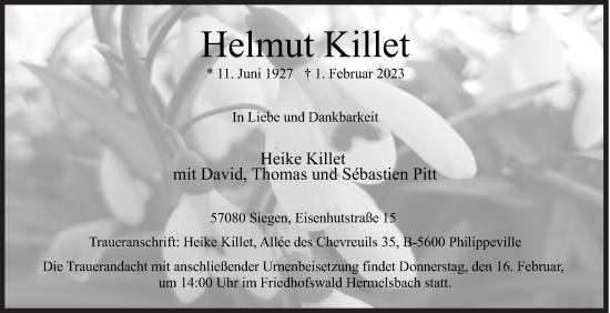 Traueranzeige von Helmut Killet von Siegener Zeitung