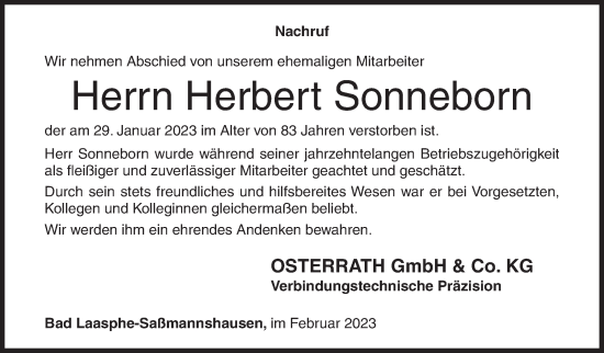 Traueranzeige von Herbert Sonneborn von Siegener Zeitung