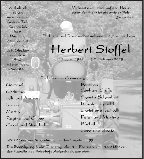 Traueranzeige von Herbert Stoffel von Siegener Zeitung