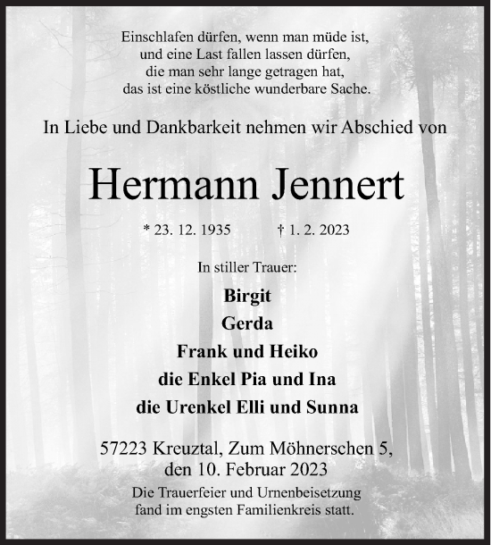 Traueranzeige von Hermann Jennert von Siegener Zeitung