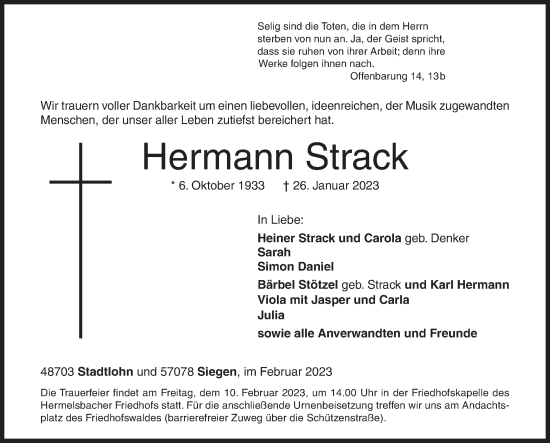 Traueranzeige von Hermann Strack von Siegener Zeitung