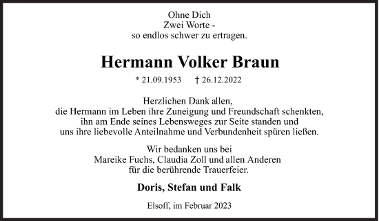 Traueranzeige von Hermann Volker Braun von Siegener Zeitung