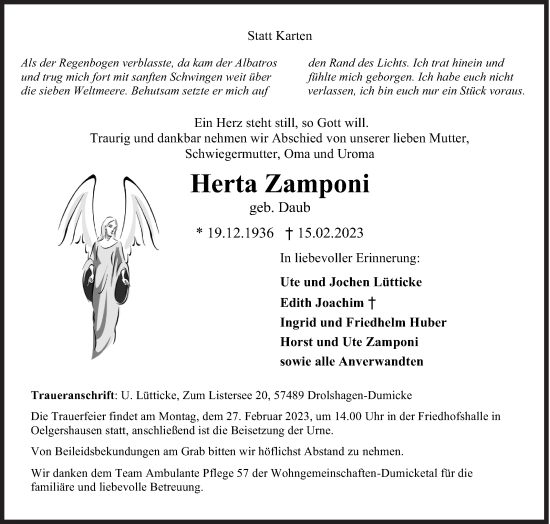 Traueranzeige von Herta Zamponi von Siegener Zeitung