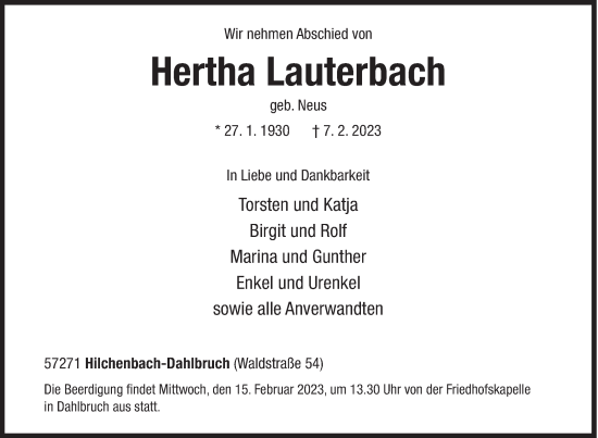 Traueranzeige von Hertha Lauterbach von Siegener Zeitung