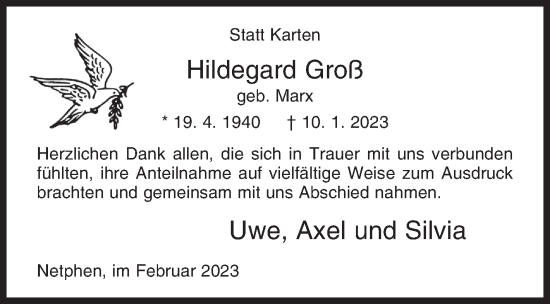 Traueranzeige von Hildegard Groß von Siegener Zeitung
