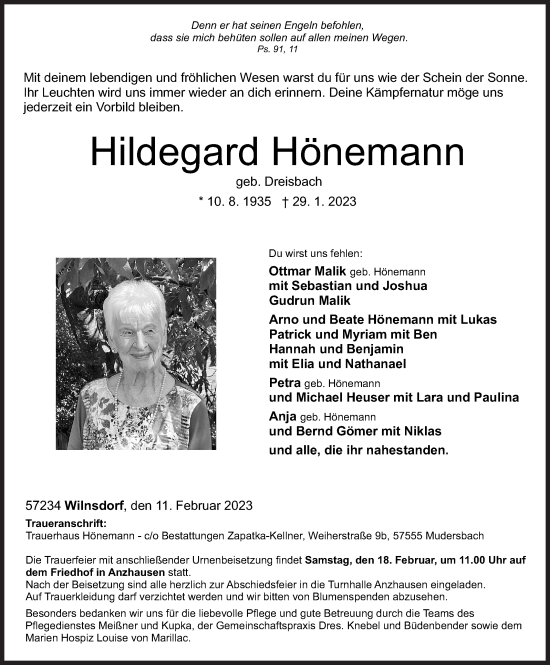 Traueranzeige von Hildegard Hönemann von Siegener Zeitung
